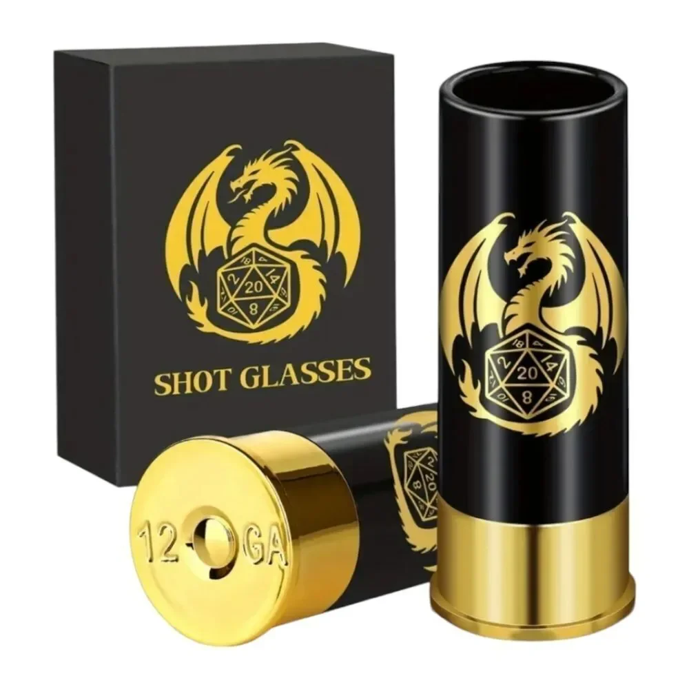 Dungeons & Dragons Dragon D20 Shot Glass Set 12 Gauge Shells Black Gold Barware
